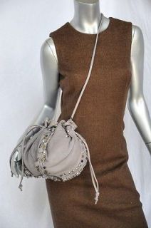 GEORGE GINA & LUCY Taupe Ruffled STUDDED Drawstring Pouch Cross Body 