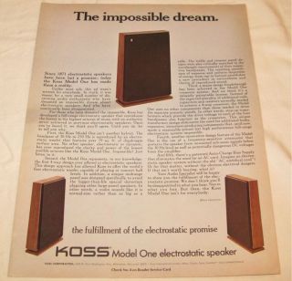 Vintage Koss Model One Electrostatic Speakers PRINT AD