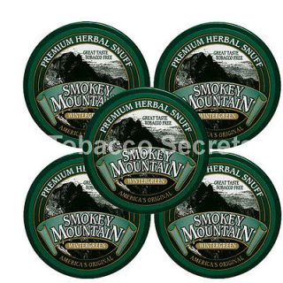 Smokey Mountain Snuff, 5 cans   Wintergreen   Tobacco Free, Nicotine 