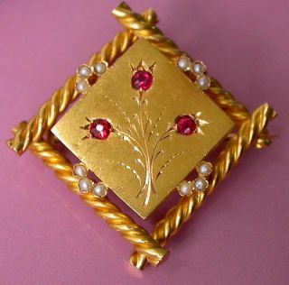Antique Victorian Era Late 19c 18K Gold Ruby Seed Pearl Ornate Brooch 