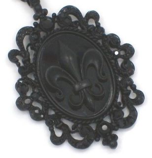 Black Large Fleur De Lis Cameo Pendant Necklace New