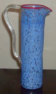 Vintage Art Glass blue Spatter splatter pinched red ewer pitcher 