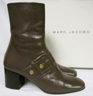 MARC JACOBS ANKLE BOOTS BROWN LEATHER STACKED BLOCK HEEL BUCKLE STITCH 