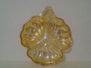 VINTAGE PEACH AMBER LUSTER CARNIVAL GLASS DIVIDED LEAF DISH CANDY NUT 