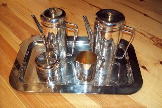   POT TEA POT, SUGAR,CREAMER, AND TRAY SILVER PLATE SET MEAD IN ITALY