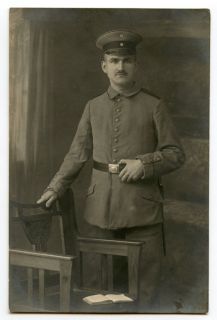   German Soldiers Studio Real Photo Postcard Soldier Holding Belt Buckle