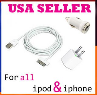 AC Home Wall & Car Charger + USB Data Cable For iPhone 2G 3G 3GS 4 4G 