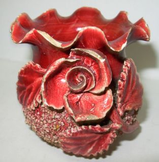   Majolica Sand Pottery Applied Flower ROSE Antique Vase Maroon Red