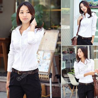 New Womens Long Sleeve Business Solid Color White Tops Shirt Blouse S 