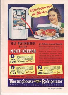 1938 VINTAGE WESTINGHOUSE REFRIGERATOR MEAT KEEPER PRINT AD