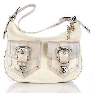 Charm and Luck Denim Crystal Hobo with Leather Trim OFF WHITE NWT 