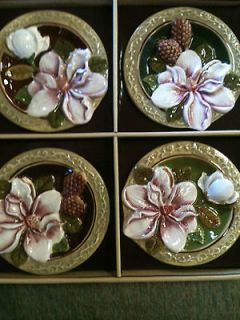 Decorative Set/4 Mini Magnolia Plates ~ Fluted edges ~ Glazed Ceramic 