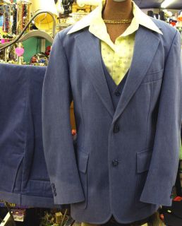 Vtg 70s 3pc Blue Cord/Velour Leisure Suit w/Shirt & Flared Leg 42L