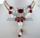 Fashion 2 Strands White Freshwater Pearl Red Heart Jade Necklace