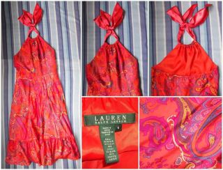 RALPH LAUREN halterneck silk paisley red orange sun summer dress S L