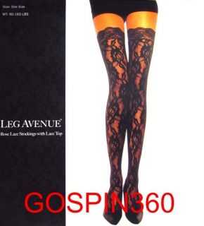 ROSE LACE Thigh High Stockings w/ LACE TOPS   BLACK O/S