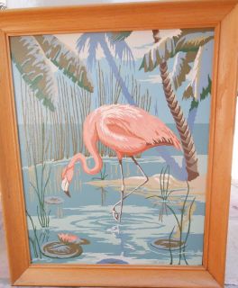 Vintage PAINT BY NUMBER PBN PINK FLAMINGO BIRD PAINTING FRAMED LARGE 