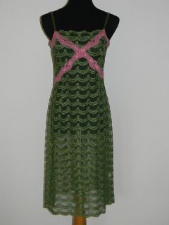 Alannah Hill Australia Sheer Lace Dress Sz 12 Green w/ Scalloped Pink 