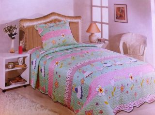 Piece Bedspread set pink Kids Girls Twin quilted pillow sham & Bed 