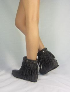 Womens Cherokee Indian Faux Suede Flat Moccasin Fringe Tassel Boots 