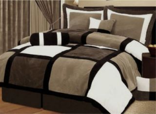 Pieces Beige & Brown Suede Patchwork Comforter Bedding Set Size 