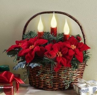 Country Basket With Christmas Poinsettia And LED Candle Flickering 