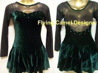 NEW Dark Green Velvet & Sheer Black Ice Skating Dress w Crystals AS