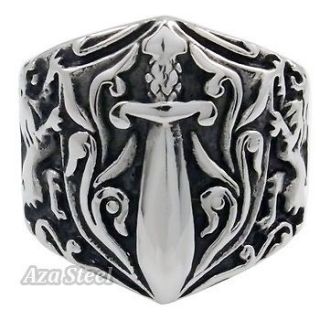 Mens Silver Lion Sword King Noble Knight Stainless Steel US Ring Size 