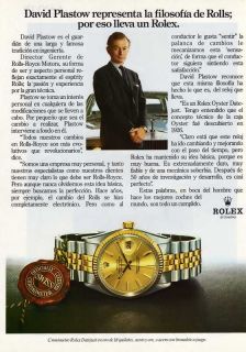 1981 ROLEX WATCH DAVID PLASTOW ROLLS ROYCE PRINT AD in SPANISH
