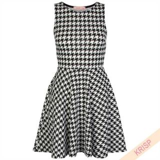 Dog Tooth Checked Printed Mini Skater Dress Pleated Party Retro 