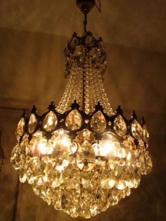Antique French Big Basket Style Crystal Chandelier Lamp 1940s 16in 
