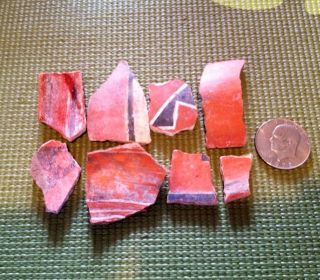 Anasazi Artifacts, Pottery Shards 8 With Rare Red Color, Good Size 
