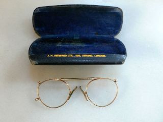 Antique English Pince Nez Spectacles Gold w/ Case Eye glasses VTG
