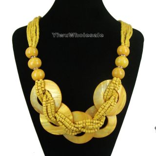   Yellow Coconut shell Wood beads Pendant arrangement Bib Necklace Gift
