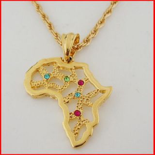   YELLOW GOLD GP OVERLAY 24 ROPE NECKLACE&AFRICA MAP PENDANT CZ STONES