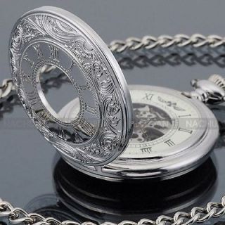   Silver Vintage Roman Skeleton Hand winding Mechanical Pocket Watch