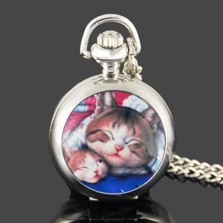   Necklace Pendant Pocket Watch Clock Mirror Case Luxury Fashion CATS