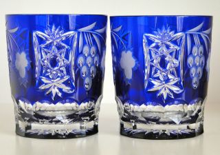  MARSALA COBALT BLUE CASED CUT TO CLEAR CRYSTAL WHISKEY DOF GLASSES