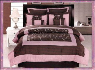   Embroidery Roses Comforter Set + Euro Shams King Coffee Brown/Pink