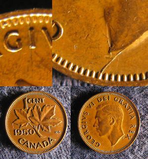 W3 Error Coin   Canada 1 cent 1950 George VI   Die crack under King