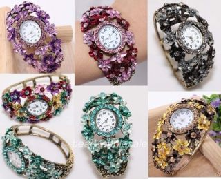   Jewelry Beautiful Flower Rhinestone Cuff Bangle Watch for Fashion