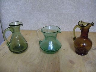 Lot of 3 Hand Blown Crackle Glass Pitchers or Vases   Olive, Amber 