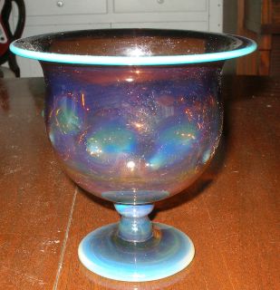   Signed Hand Blown Art Glass Vase Candy Dish Pedestal ~Unique Color