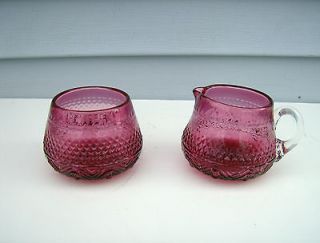 Vintage Pilgrim Blown Cranberry Pattern Glass Sugar Bowl & Creamer
