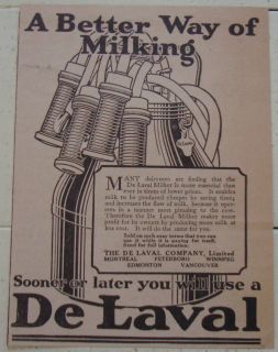 1921 DE LAVAL CREAM DELAVAL CANADA AD MILK DAIRY FARM MILKER MILKING 