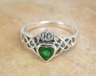 STERLING SILVER GREEN CZ CELTIC KNOT CROWN RING size 9