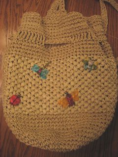 Crochet Barrell Straw Backpack Purse with Ladybug, Dragon Fly, Bee 