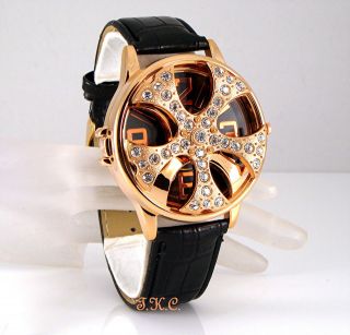   UNISEX BLACK LEATHER GOLD RAPPER SPIN ICE PIMP BLING CRYSTAL WATCH