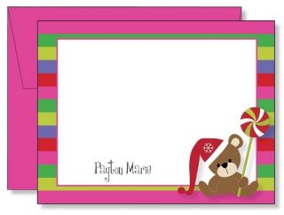   Personalized FLAT Pink Bear Lollipop Christmas Thank You Note Cards