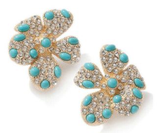   GOLDTONE SO PRETTY IN TURQUOISE & GOLD CRYSTAL FLOWER EARRINGS 